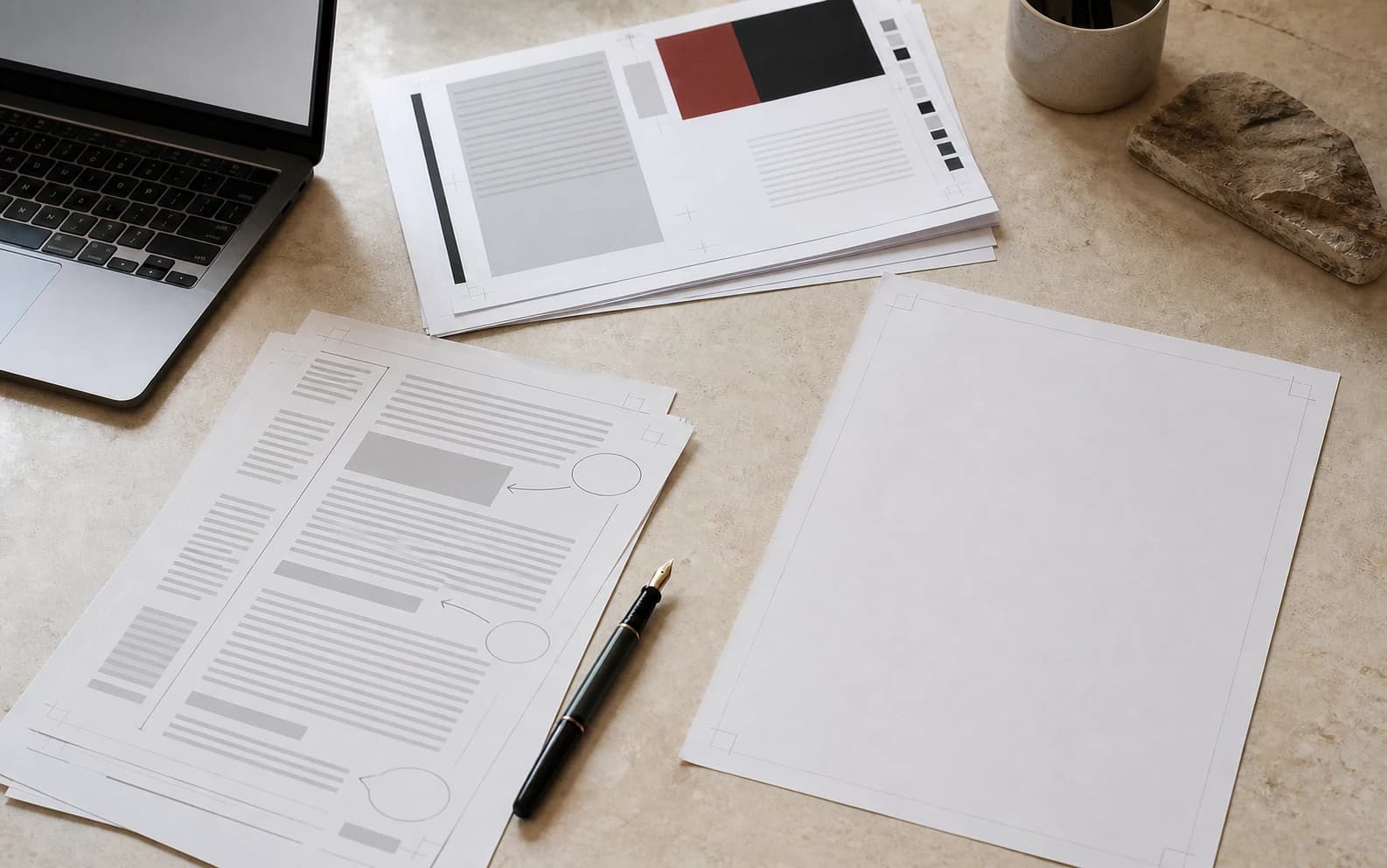 Editorial workspace: annotated manuscript, printed proofs and fountain pen on a pale stone desk