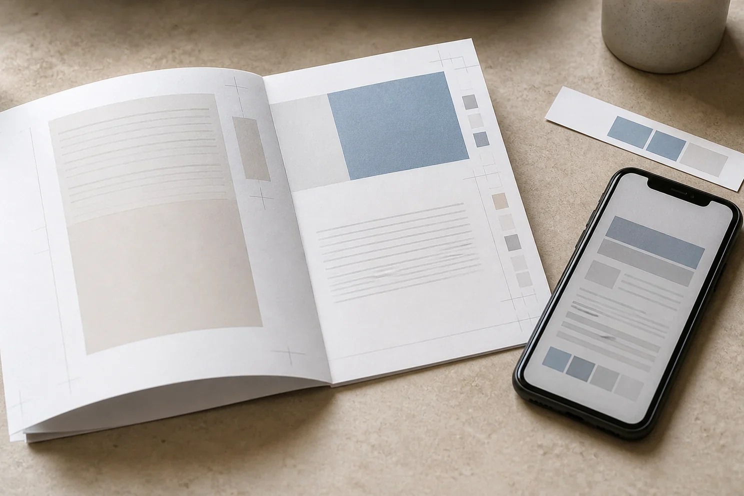 Printed publication proof beside a phone showing a subscriber page
